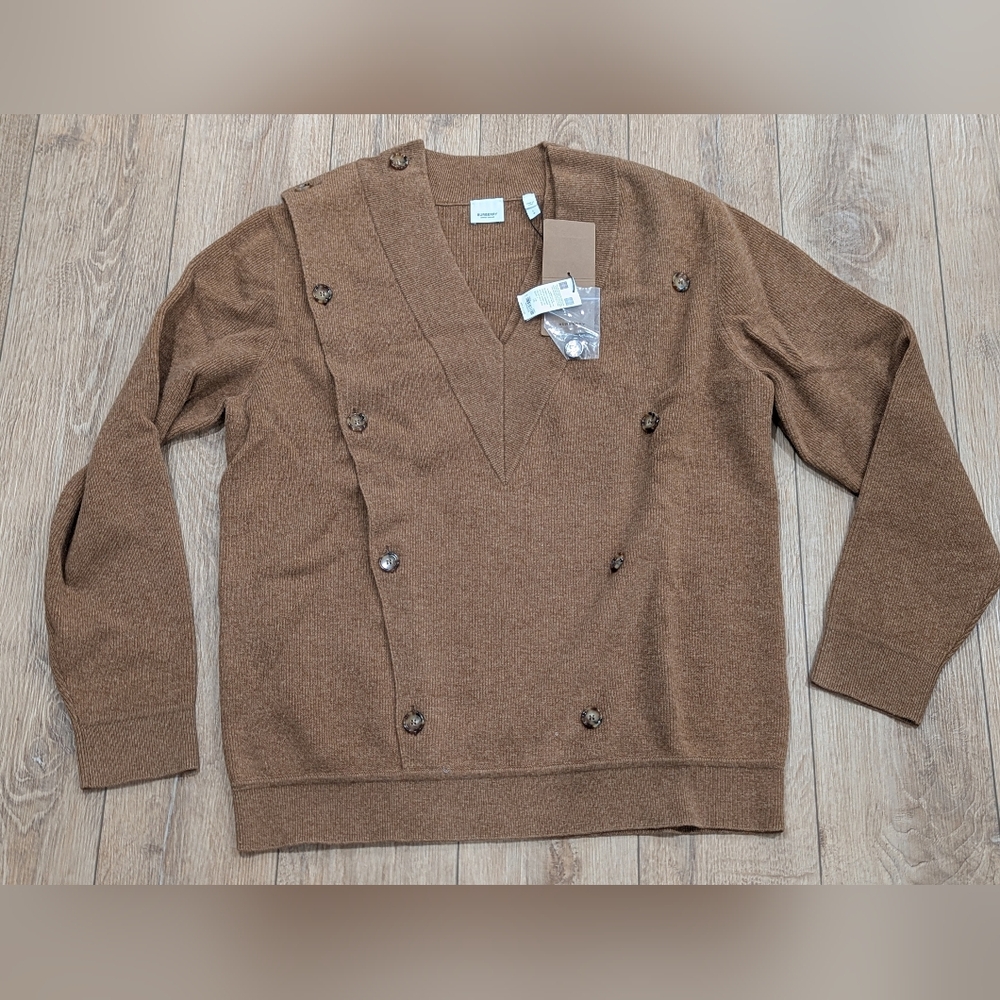 $1650 Mens Burberry Wool Blend V-Neck Jumper Sweater Biscuit Beige Large